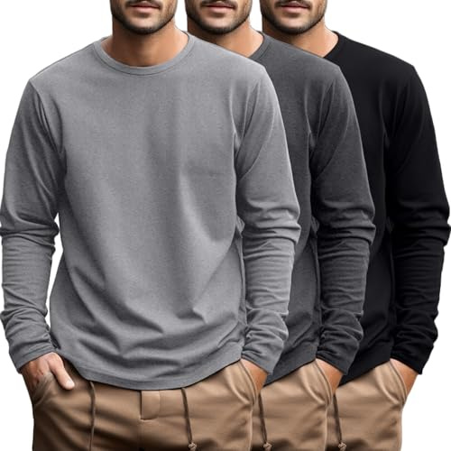 Ficerd - Paquete de 3 Camisetas de algodón de Manga Larga para Hombre, Tallas Grandes y Altas, Cuello Redondo, Talla Grande(Negro, Gris Oscuro, Gris Claro,XXL)