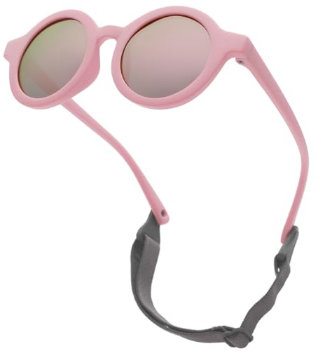 LOJUDI Baby Sonnenbrille 0-24 Monate, Polarisierte mit Riemen Verstellbar Weicher Silikonrahmen Rund Kinder UV400 Schutz Sonnenbrille Baby für 0-2 Jahre - Rosa Rahmen/Rosa Verspiegelt