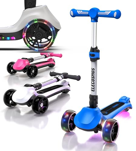 ELECOSMOS Kids Electric Scooter for Age 4-9, Light Up 3 Wheeled Scooter with Big LED Wheels, Flashing Deck, 3 Adjustable Heights, Light Up 3-Wheels Scooters, Balance Training Scooter for Kids, Blue