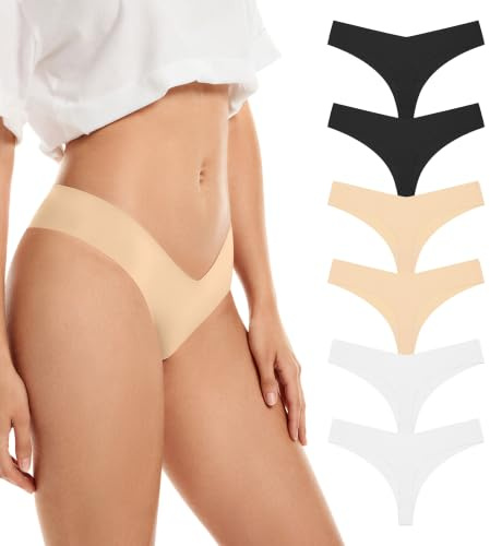 SHARICCA Stringtrosa dam tangas sömlösa underkläder osynlig låg midja sport trosor, (set om 6) 2 svart 2 vit 2 beige, L