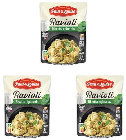 Paul & Louise Ravioli Ricotta, Épinards 300g - Sachet micro-ondable - Prêt en 1 minute 30 - Pâte aux œufs - Recette sans viande - Sans colorant - Sans arôme artificiel - Nutriscore B (Lot de 3)