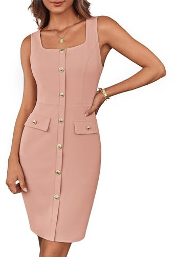 GRACE KARIN Women's Cocktail Dress Buttoned Belted Square Neckline Business Work Dress Belted Sleeveless Bodycon Mini Dress Grey Pink L