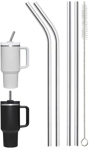 4 pajitas de acero inoxidable 304, 2 pajitas rectas y 2 curvas de acero inoxidable, con 1 cepillo de limpieza, reutilizables, pajitas de 31 cm de largo, lavables, ideales para batidos, batidos de