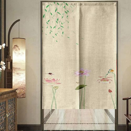 Surwin Chinesischer Stil Türvorhang, Kirschblüten Leinen Noren Japanischer Lang Vorhang TürVorhang Raumteiler Tapisserie für die Heimtextilien (85 * 150cm,Lotusmuster)