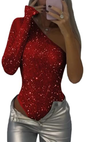 Onsoyours Body Paillettes Femme Chemisier Élégant Blouse Épaules Nus Sequin Tops Hauts Sexy À manches longues Paillettes Une pièce Fête Bodysuit Jumpsuit Clubwear A Rouge M