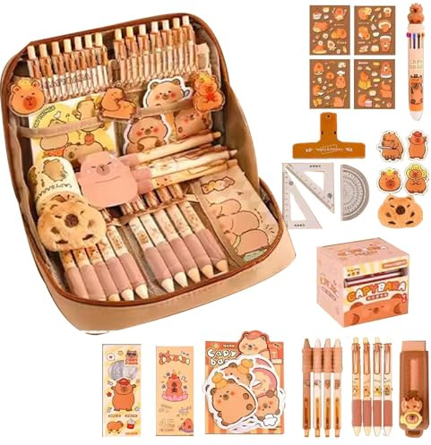 Capybara Schreibwaren-Set, niedliches Capybara-Federmäppchen, Capybara-Stifte, Capybara-Stifte, Haftnotizen, Lineale und mehr, ästhetisches Capybara-Schreibwaren-Set, Schulbedarf, 21 x 5,5 x 14,5 cm