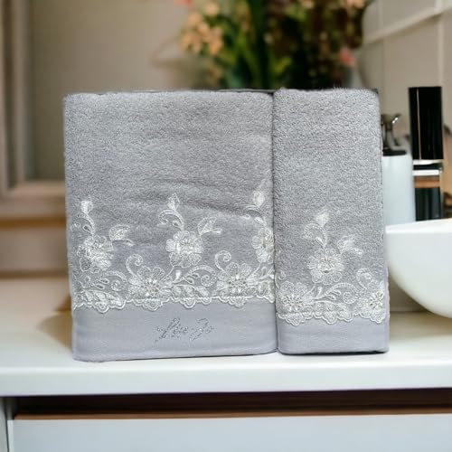 LIU . JO MILANO Coppia di Asciugamani Viso e Ospite in scatola in Spugna di puro cotone con pizzo Art. Sinai (Perla)
