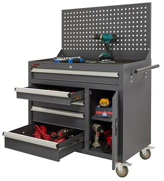 The Workplace Depot Tool Cabinet with Pegboard, Lockable Grey Steel Tool Box on Wheels with 5 Drawers, Adjustable Shelf Cupboard, Peboard & Handle for Storing Tools