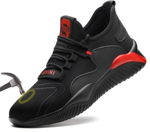 Chaussure de Travail Hommes S1 Chaussures de Sécurité Antidérapant Femmes Industrie Protection Sneakers Embout en Acier Respirantes Légère Noir Rouge Été 42EU