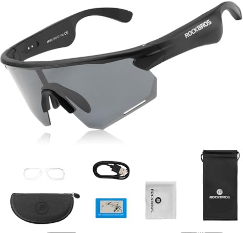 ROCKBROS Occhiali Intelligenti Bluetooth Bici, Occhiali da Sole con Apparecchi Acustici con Lenti Polarizzate Smart Glasses UV400 Open Ear Uomo Donna, per Bicicletta Corsa Guidare, Grigio