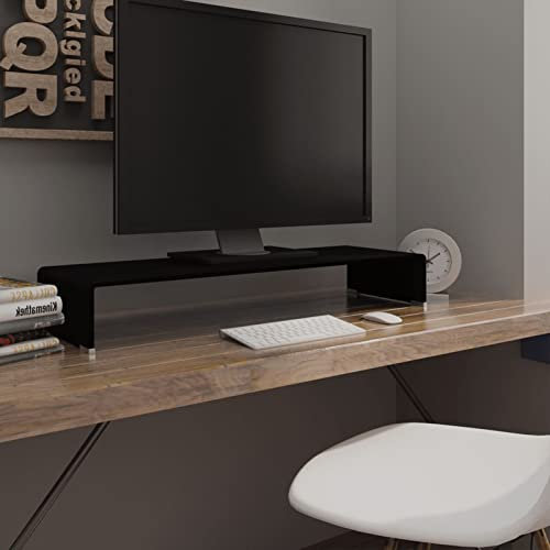 Iiaky 244138 TV Stand/Monitor Riser Glass Black 90x30x13 cm Wood Monitor Stand Riser,Desk Monitor Stand,Ergonomic LapT O P Printer Stand with Cable Management for Computer,Notebook,iMac,PC