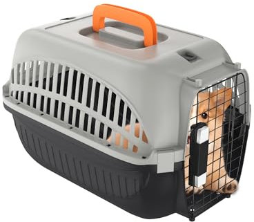 FIVMEN Hundebox Transportbox Katze 48x32x32 cm Katzentransportbox Hundetransportbox aus Kunststoff mit Eisen Tür und Lüftungsschlitze Hartschalen Transportkäfig für Haustiere
