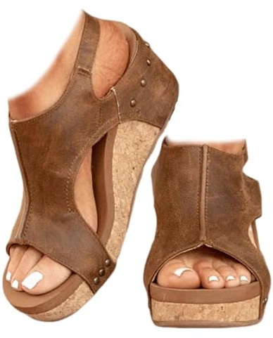 Whimsyard kvinnors läder kil ortopediska sandaler, bred plattform kilsandaler, kvinnors öppen tå spänne ankelrem sommar plattform bröllop sandaler s, Brun, 6.5 UK Wide