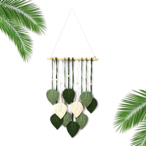 Wall Hanging Green Leaf Tassel Tapestry, Bohemian Chic Wall-Decor, Woven Cotton Rope Leaves Tapestry, Aesthetic Bohemian Wall Art for Bedroom, Living Room, Office, and Apartment