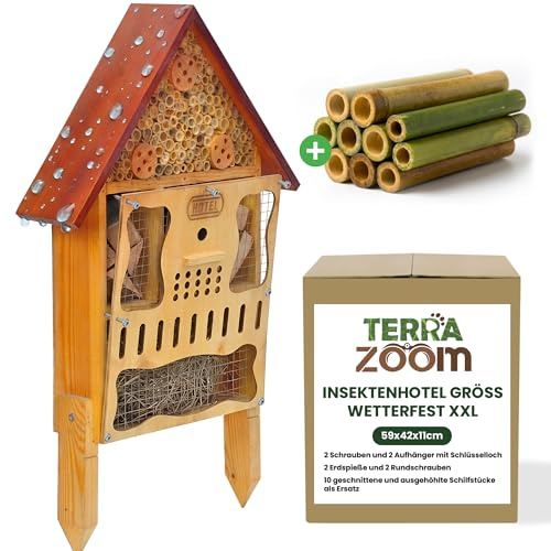 Insektenhotel Groß Wetterfest XXL aus Holz – Bienenhotel Groß XXL, Insektenhotel Mit Erdspieß, zum Aufhängen oder Stellen, Wildbienenhotel & Hummelhaus Bereich mit abnehmbarer Frontplatte & Standfüßen