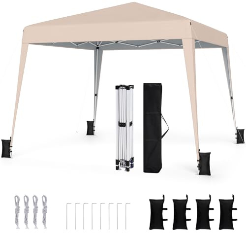 COSTWAY Tonnelle Pliante 3 x 3 m, Pop-up, Tente de Jardin Exterieur Imperméable avec Sac de Transport, Piquets, Pergola Jardin Exterieur pour Camping, Pique-niques, Fête (Beige)