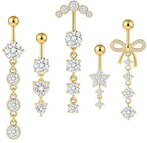 LHOEST 5 stycken navelpiercing set av kirurgiskt stål, silver, belly piercing, navel, banan rostfritt stål, 12 mm, 10 mm, stavlängd med fjäril, blomma och rund, hängande magpiercing, Einheitsgröße