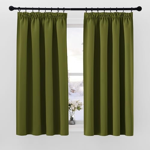 PONY DANCE Blackout Pencil Pleat Curtains, Olive Green, W46 x L54 Inch