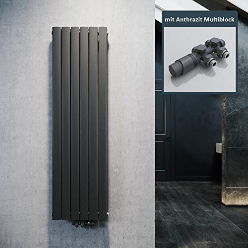 Elegante radiador plano de diseño, 1600 x 462 mm, con antracita, multibloque, radiador plano, antracita, doble capa, vertical, conexión central