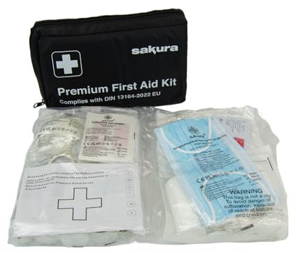 Sakura DIN First Aid Kit SS5418 - Zipped Bag, Comprehensive Kit Ideal for EU Travel - Meets EU Automotive Standards