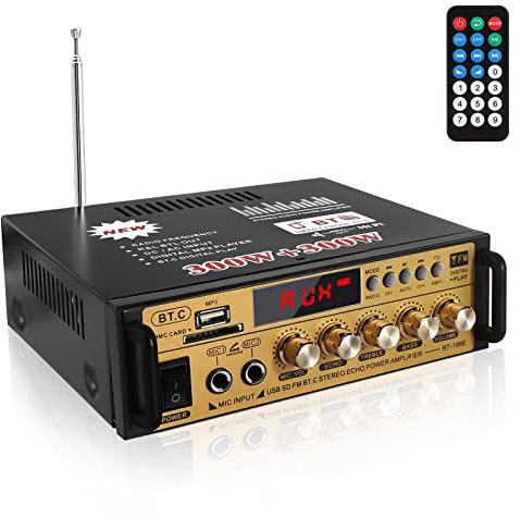 Etlephe Amplificateur Audio, Amplificateur HiFi, Amplificateur Stéréo Bluetooth 5.0, 12V 220V 600W 2 Canaux,Haute Fidélité, Radio FM Portable, Entrée Carte SD/USB, pour Maison ou Voiture