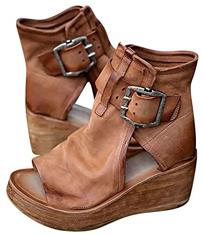 Women Platform Wedge Sandals Peep Toe Leather Boots Summer Buckle Thick-Soled Fish Mouth Roman Sandals