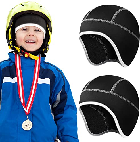SATINIOR Reflective Kids Thermal Helmet Liner 2 Pieces Black Thin Skull Caps Running Hat Men Winter Bike Cap Warm Cycling with Stripe Cover Ears Beanie for Outdoor Activities, M