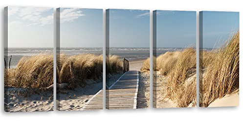 Feeby Leinwandbild 200x80 cm Sand Strand Wasser Wellen Meer 5 TLG Bild Kunstdruck Wand Bild Deko Wohnzimmer Wohnungs Nordsee Gras Ostsee Beige