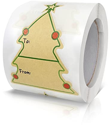 Christmas Stickers Gift Tags Xmas Cute Tree Labels Roll 2.6 x 2 Inch Kraft Paper Self-Adhesive Name Tags Writable Removable for Presents Holiday 200 PCS