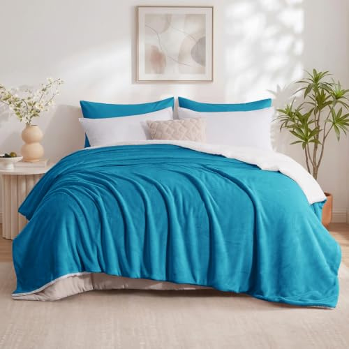 Aisbo Sherpa Fleece Sofa Blanket, 220 x 240 cm, Winter Sofa Throw, 220 x 240 cm, Duck Egg Blue Sheep for 2 People, Soft and Warm