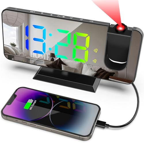 Hanaix Projection Alarm Clock for Bedroom Ceiling,11 Colors RGB Digital Clock Large Display, 7.3'' Large Mirror Screen with Dual Alarm,5 Auto Dimmer,12/24H, Snooze,180°Projector on Ceiling