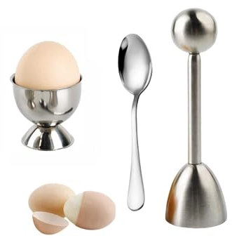 JSQJ Eierköpfer Edelstahl 304 Eieröffner Set Eier Cutter Eierschale Egg Cracker Zeitsparender Eierschneider zum harte und weiche Eier, mit Eierbecher und Eier-Löffel