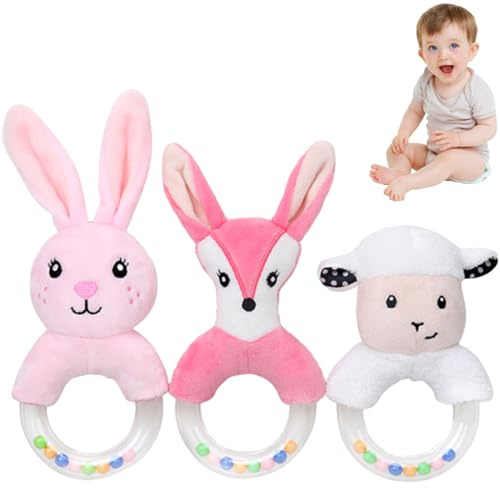 3Pcs Baby rattles Toys for 0-6 Months Sensory Toys for Babies 0-12 Months Early Educational Toy for Toddler Infant Boys Girls Shower Gift (Pink/White)(Fox/Rabbit/Sheep)