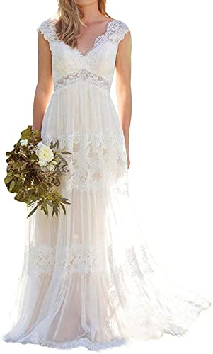 WZEFEIO Elegante Vestido de Novia Simple Encaje Playa Bohemio Moda NEANial, Marfil, 48