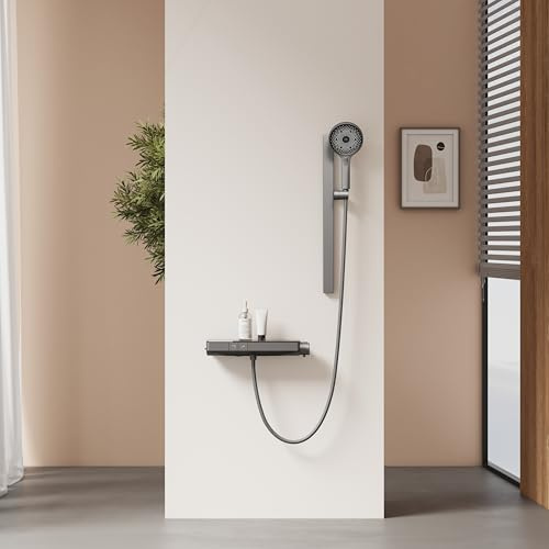 EMKE Duschpelare med hylla, duschset med dusch och nedre pip, minimalistisk design, 3 stråltyper, intelligent temperaturkontroll, matt antracit