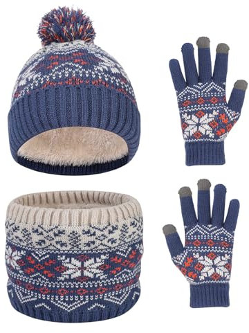 Waylipun Cappello Invernale per Bambini Guanti Sciarpa Set, 3 in1nverno in Pile Addensato Cappello a Maglia Termica Sciarpa Guanti Set, per Bambini Ragazzi Ragazze, 2-7 Anni (Klein Blu)