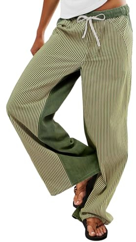 PEIHOT Low Rise Striped Pants for Women Pull On Drawstring Boho Wide Leg Jeans Trendy Green and White