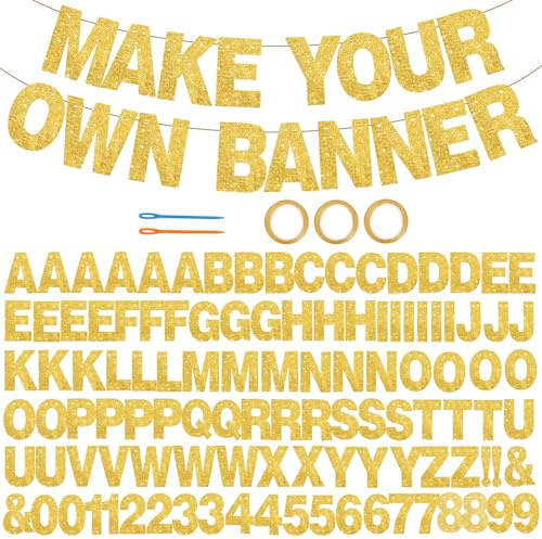 BEISHIDA 116 PCS A-Z DIY Letter Banner Kit Make Your Own Banner Including 111 Letters and Numbers 3 Rope and 2 Threading Device,Customized for Birthday Graduation Wedding Decor Gold