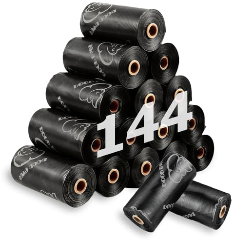 AMFUN 144 PCS/12 Bolsas para Excrementos de Perro, Negro, Extragruesas, Portátil Con Fragancia, para Exteriores y Caminar