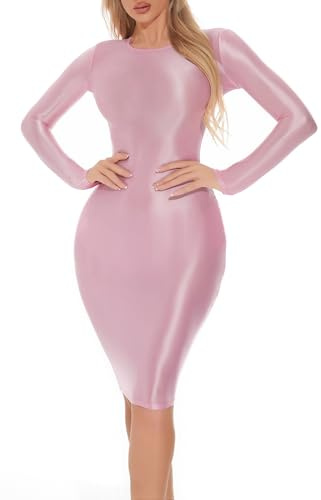 Maeau Olio lucido lucido vestito per le donne abito liscio oliato abito avvolgente aderente mini abito da discoteca abito da festa manica lunga aderente matita Dres, rosa, M