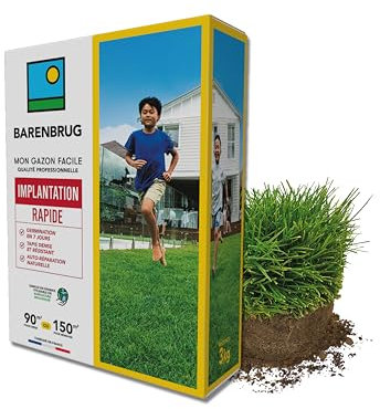 BARENBRUG - Gazon Implantation Rapide - Germination en 7 Jours - Tapis Dense et Résistant - Autoréparation Naturelle - Engrais Compatible Agriculture Biologique - Fabriqué en France - 3KG