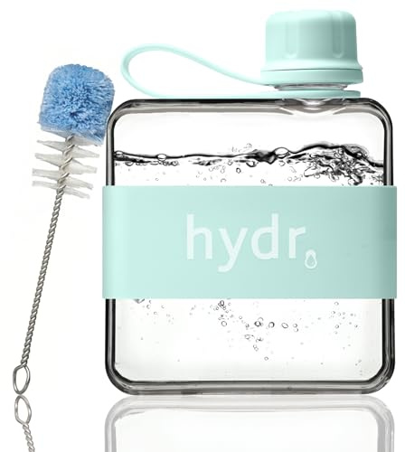 hydr Flat Water Bottle | Mini Slim Square Small Leakproof Reusable Bottle for Bags, Travel & Gym, 12oz BPA-Free Tritan Portable Hydration Flask (Lake Blue)