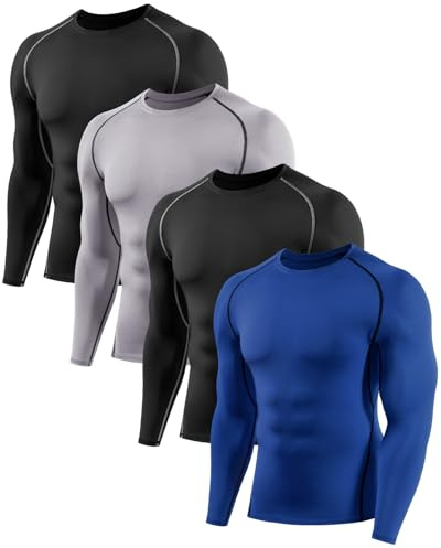 Orrfreer 4 Pack Men's Long Sleeve Compression Base Layer Top Quick Dry Long Sleeve Running Top Mens Tight Baselayer Tee Shirts All Season for Running Training Black/Grey/Black/Navy M