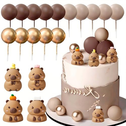 Capybara Cake Decoration Set, Capybara Baby Shower Decorations, Capybara Cake Toppers - With Golden Coffee-Coloured Small Balls for Party and Baby Welcome Birthdays