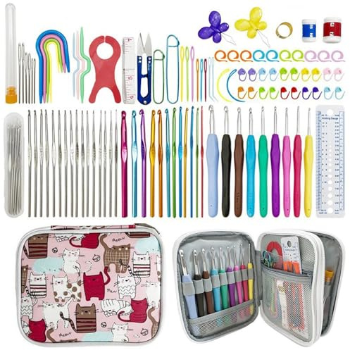 Set di 104 pezzi di uncinetti, uncinetti ergonomici per mani artritiche, kit di aghi per maglieria con 14 tipi di uncinetti e accessori per uncinetto, set per uncinetto con borsa portaoggetti per