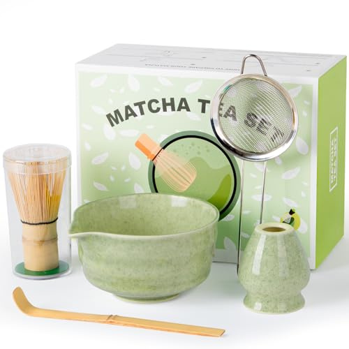 Dayacoco Matcha Set Ceramic Bowl with Spout 5 pcs | Matcha whisk creates smooth froth. Perfect ted matcha in 17oz spouted bowl. Matcha kit includes scoop, sifter, holder, guide.