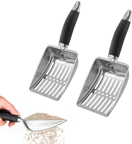 Quorlis Cat Litter Scoop – 2 Pcs Durable Metal Litter Scoop with Non-Slip Rubber Handle, Heavy Duty Cat Poop Scoop for Litter Box, Sturdy Mesh Shovel Easy Clean, Suitable for All Cat Litter Trays