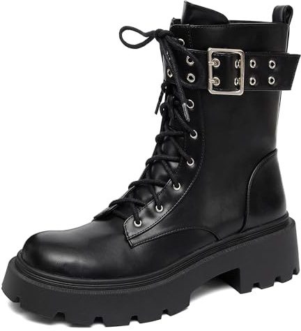NEWBELLA Combat Boots For Women Lace Up Platform Ankle Booties
