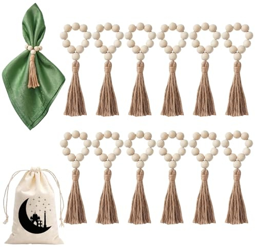 Servilleteros individuales de madera con cuentas de 16mm y flecos – Juego de 12 unidades con bolsa de cierre – Elegantes anillos para servilletas estilo rústico para bodas, cenas y fiestas – Deco