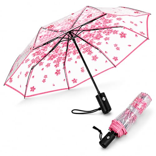 VIPOPICO Clear Umbrella Automatic Open Close – Compact Travel Umbrella with Frosted Handle | Transparent See-Through Dome Design | Wedding, Bridal & Daily Use (Clear-Blossoms)